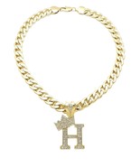 King &amp; Queen Initial Letter H Crystals Pendant Gold-tone Cuban Chain Nec... - $24.99