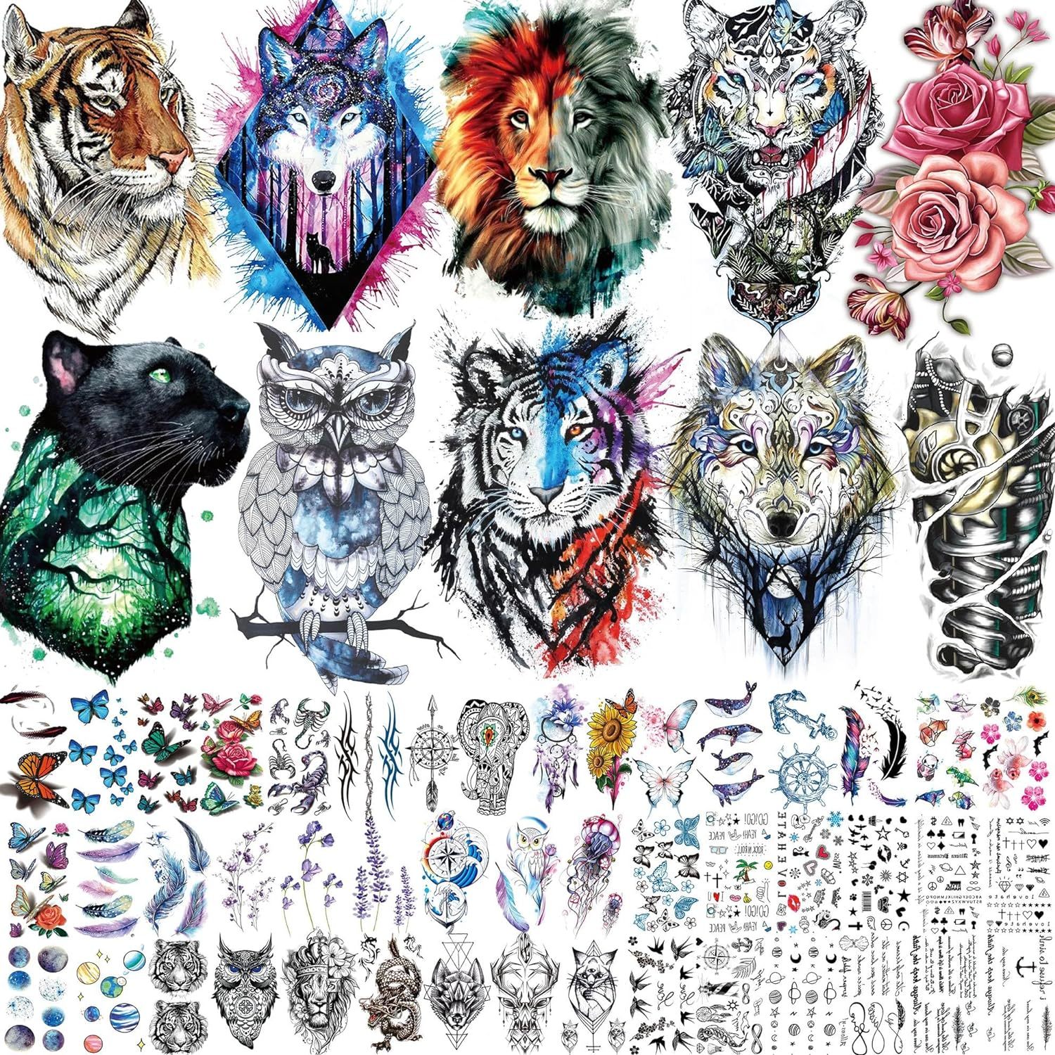 Primary image for 56 Sheets Watercolor Owl Tiger Lion Temporary Tattoos For Women Men Body Art Arm