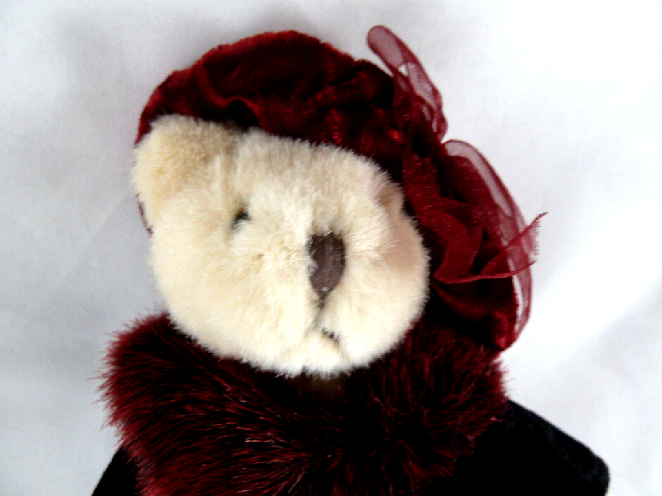 Russ Berrie Natasha bear 7&quot; plush Dark Burgundy &amp; Black outfit and hat - $9.89