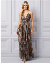Women Le Chateau Floral Print Metallic Knit Deep-V Gown Size 18 - £112.64 GBP