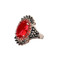 1" Drop Vintage Look Siam Red Crystals Simulated Fake Marcasite Ring Size 7 - $15.20