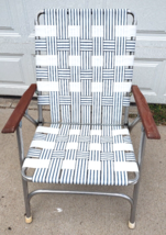 Folding Lawn Chair Blue Striped Webbing Wooden Arm Rests Aluminum Frame - £23.96 GBP