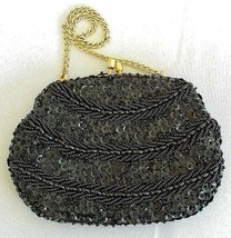 Vtg Beaded Evening Bag Black Sequin Wristlet Clutch Chain Strap Purse 70s - £14.59 GBP