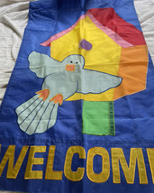 Welcome vintage sewn flag 28 by 40 in 2 small stains birds birdhouse  Bright - £7.51 GBP