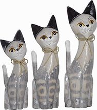 Large Hand Carved Beautiful Set of 3 Wood Gray Cats Green Eye Pet Lover ... - £23.29 GBP