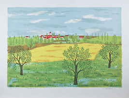 Litografia Firmata E.A. Su Carta &#39;Yellow Field&#39; Di Lorant 25,75&quot; X 20&quot; Con CoA - $125.77