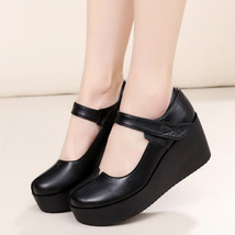 Spring Leather Women Pumps Platform Wedges Round Toes Ankle Strap Black High Hee - £59.15 GBP