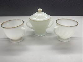 Fire King Sugar Dishes, One Covered, Swirl Milk Glass Gold Trim Anchor H... - $10.40