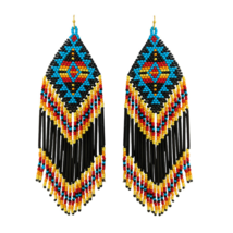 Beaded Aztec Pattern Tassel Drop Earrings Black Blue Red Handmade - £12.09 GBP