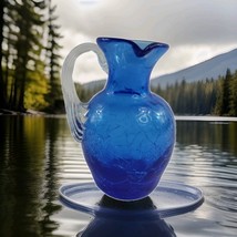 Vintage Blue Crackle Blown Glass Small Pitcher Vase Applied Handle MCM A... - $371.47 MXN