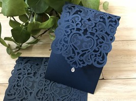 Dake Blue Pocket Laser Cut Invitaiton Cards,50pcs laser cut Wedding Invitations - £53.06 GBP