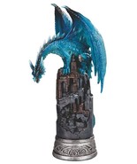 Blue Elemental Ice Dragon Perching On Medieval Stonewall Castle Tower Fi... - $42.99