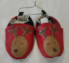 Joe Fresh Baby Leather Soft Sole Slip On Crib Shoes Moccasins Reindeer Xmas 0-6 - £11.90 GBP