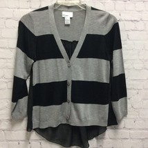 Allison Brittney Womens Cardigan Sweater Gray Black Striped Sheer Back V Neck L - £12.34 GBP
