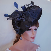 NAVY HAT Fascinator with Large Laced Sinamay Bow Loops &amp; Feathers Navy Blue Hat  - £51.97 GBP