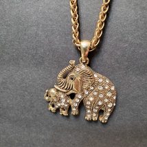 Elephant Necklace with Rhinestones, Mother and Baby, Gold Tone Vintage