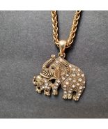 Elephant Necklace with Rhinestones, Mother and Baby, Gold Tone Vintage - £15.72 GBP