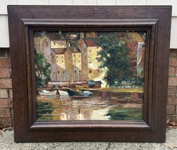 Vintage Original Oil Painting Framed European Harbor Scene Mid-20th Century - $717.75