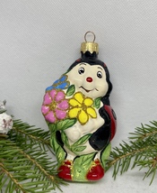 Ladybug with flowers glass Christmas handmade ornament, Christmas decoration - £11.22 GBP