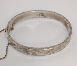 VTG SIAM STERLING Silver Hinge Bangle Bracelet Safety Chain Floral Scroll 16.19g - £22.68 GBP