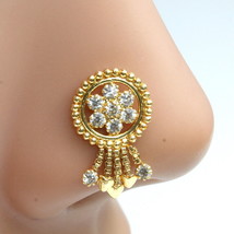 Big Ethnic Gold Plated Dangle Indian nose ring White CZ Twisted L Bend - £11.79 GBP