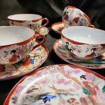 9 Pc Vintage Kutani Geisha Orange Tea Cups Saucers Set Eggshell Porcelain - £38.65 GBP