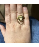 Vintage Gold Tone Lions Head Door Knocker Ring Green Gem Eyes - $67.84 CAD