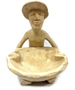 Old Vintage Hand Carved Wooden Ashtray Asian Man Holding Washing Bowl or... - $11.97