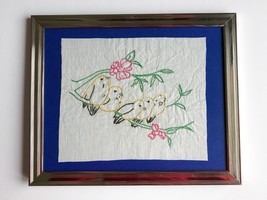 Vintage Hand Embroidered Birds on a Branch Fabric in Silver Vintage Frame - £11.21 GBP