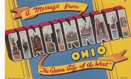 Message From Cincinnati Ohio OH Large Letter Linen Greetings 1952 Postcard D43 - £2.30 GBP