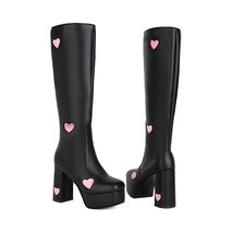 Chunky Heel Platform Goth Riding Boots Women Winter Red Pink Heart Kneehigh Long - £93.88 GBP