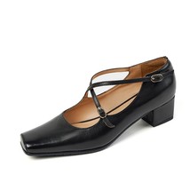 Two Straps Cross Daliy Shoes Woman Cowhide Pumps On Heel 4.5 CM French Style Coz - £109.39 GBP