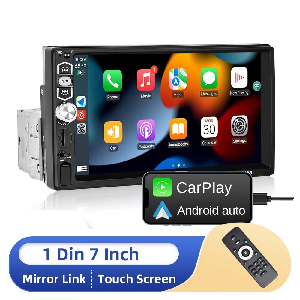1 Din Universal Car Radio 7&quot; Touch Screen Car MP5 Player Carplay＆Android Auto FM - £61.12 GBP