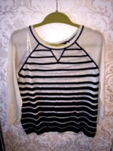 Pre-owned Cynthia Rowley Linen Blend Black White Striped Knit Top SZ M - £27.06 GBP