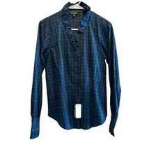 Brooks Brothers Plaid Blouse Long Sleeve Green Blue Ruffle Neck Size 6 NWT - £35.84 GBP
