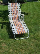 Vintage Aluminum Webbed Chaise Lounge Lawn Chair, Orange/Yellow/Blue/White - $56.09