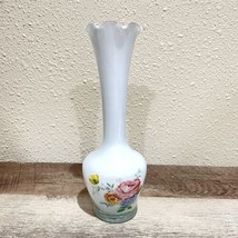 Encased Milk Glass Bud Vase with Ruffled Edge and Floral Transfer  9.5” Tall - £11.58 GBP