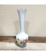 Encased Milk Glass Bud Vase with Ruffled Edge and Floral Transfer  9.5” ... - £11.67 GBP