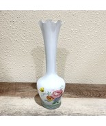 Encased Milk Glass Bud Vase with Ruffled Edge and Floral Transfer  9.5” ... - £11.05 GBP