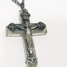 Crucifix Cross Pendant Necklace 3D Sterling Silver Resin Back Vintage 2&quot; Jesus - £17.48 GBP