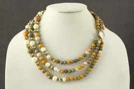 VINTAGE Costume Jewelry Taupe Earth Tone Beaded Three Strand Bib Necklace 18&quot; - £10.32 GBP