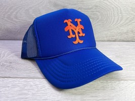 New York Mets Royal Blue Hat 5 Panel High Crown Trucker Snapback Vintage - £19.46 GBP