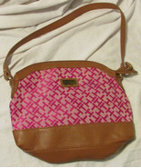 Tommy Hilfiger Signature Shoulder Bag Pink Tan TH Pattern Fabric Brown Leather  - $33.66
