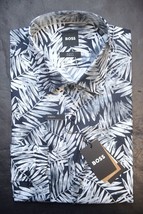 Hugo Boss Men&#39;s Hank Kent Slim Fit Leaf Print Stretch Cotton Dress Shirt 40 15.7 - $90.02