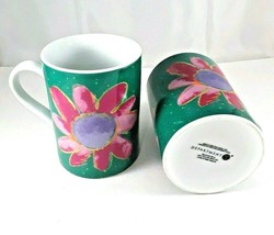 Department 56 Coffee Cups Tea Mugs Green Teal Pink Flowers Set of 2 - £14.87 GBP