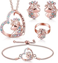 4 Pcs Girls Unicorn Jewelry Set Unicorn Necklace Bracelet Ring Stud Earr... - $21.16