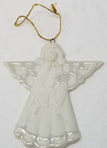 Flat Guardian Angel Christmas Ornament White Ceramic Highlighted 1990 Vintage - £9.67 GBP