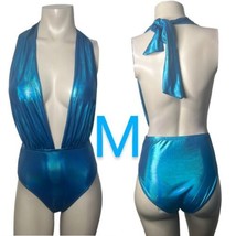 Metallic Aqua Blue Deep Plunge Halter Tie Bodysuit~ Size M - £29.32 GBP