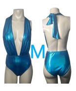 Metallic Aqua Blue Deep Plunge Halter Tie Bodysuit~ Size M - £29.41 GBP