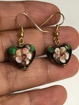 Hand Painted Glass Art Inlay Puffy Heart Double Sided Dngle Earrings - £11.85 GBP